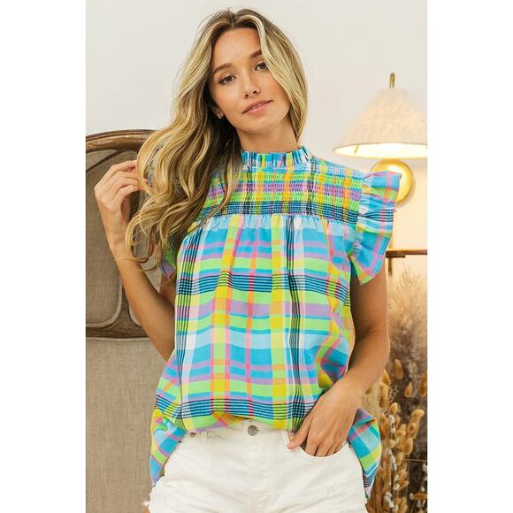 BiBi Check Plaid Ruffle Sleeve Woven Smocked Top in Blue and Yellow - Picture 1 of 6